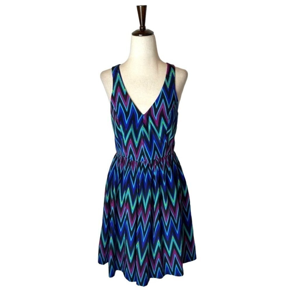 Amanda Uprichard Blue Chevron Print Silk Sleeveless Fit And Flare Mini Dress Xs